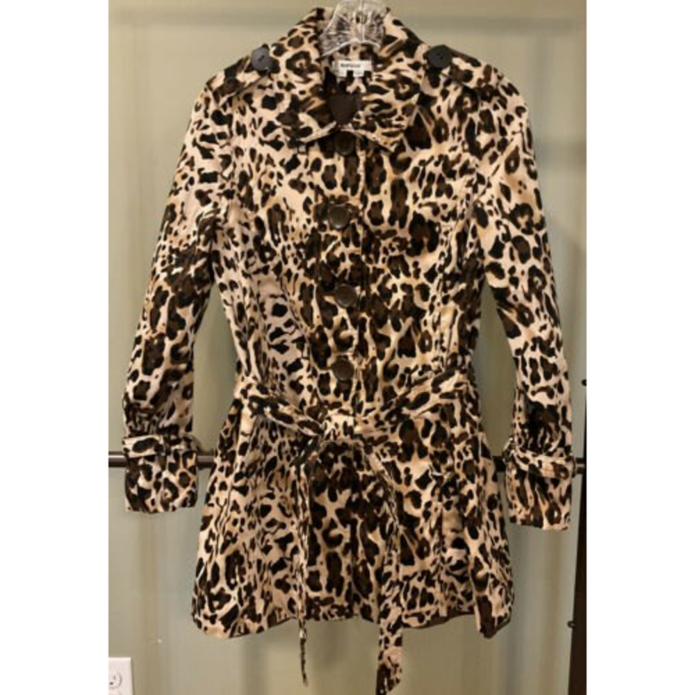 APPRAISAL S Black/White/Tan/Brown Animal Print Rain Jacket w/Belt Lined Size S